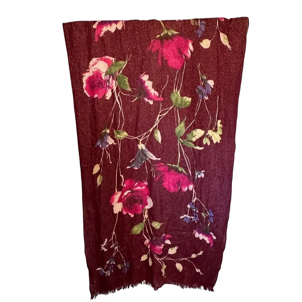 Collection Eighteen Floral Scarf Burgundy Metallic Fringed